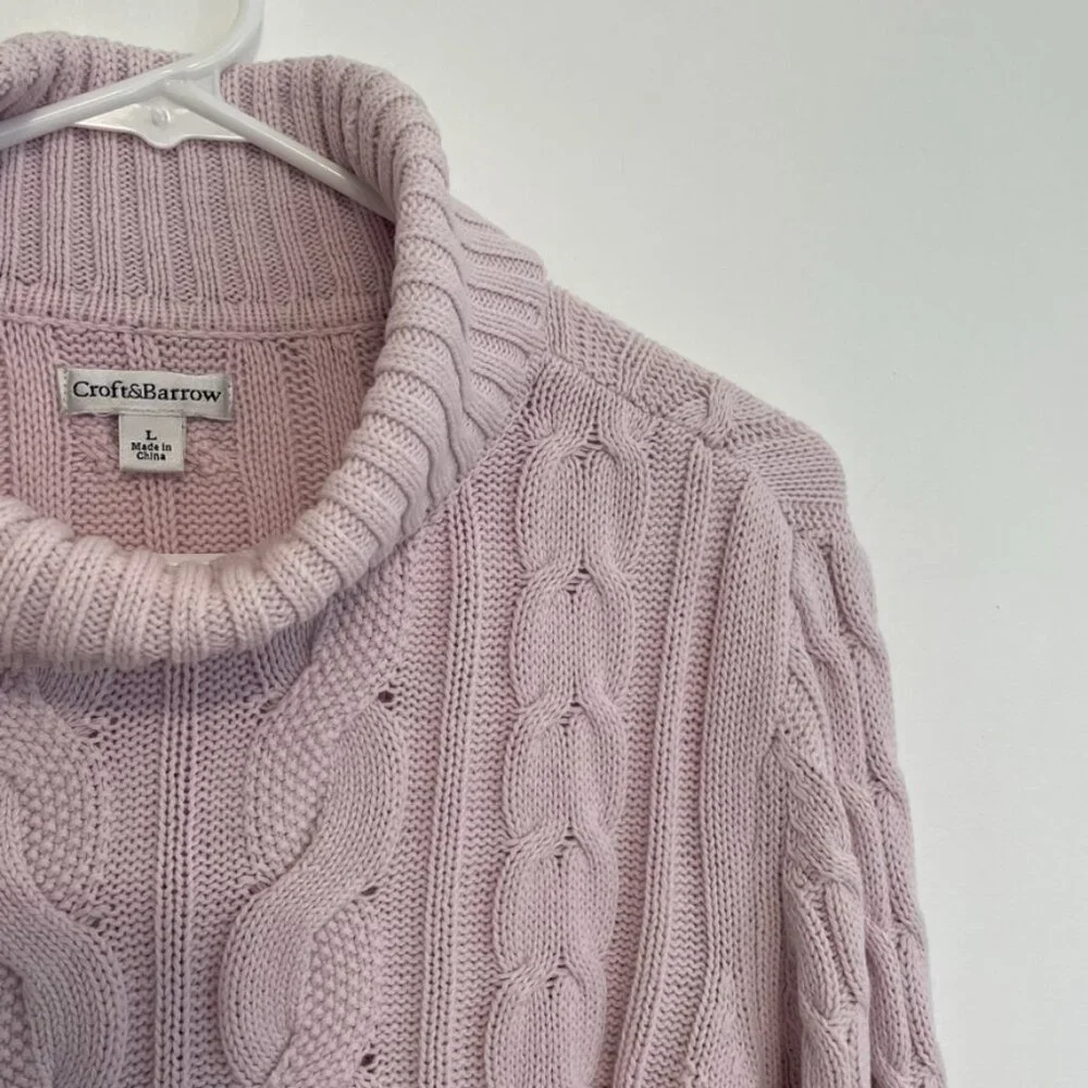 CROFT & BARROW Cable Knit Turtleneck Sweater Light Pink Baby Pink Cotton Blend L - Picture 8 of 16